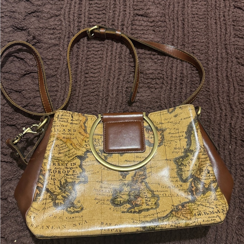 Patricia Nash Gold and Brown Map Crossbody Bag